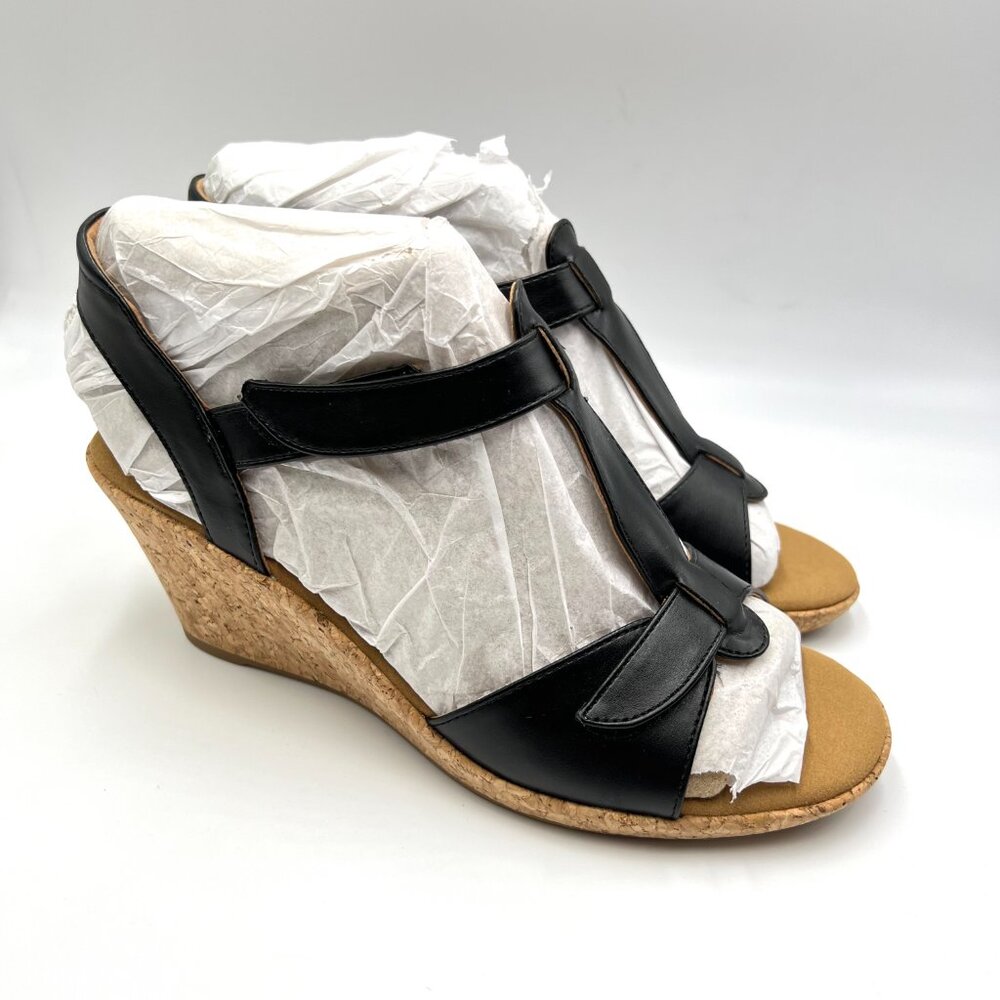 Rockport Womens Size 9.5 Blanca Black Vegan Leather T-Strap Wedges Sandals Shoes